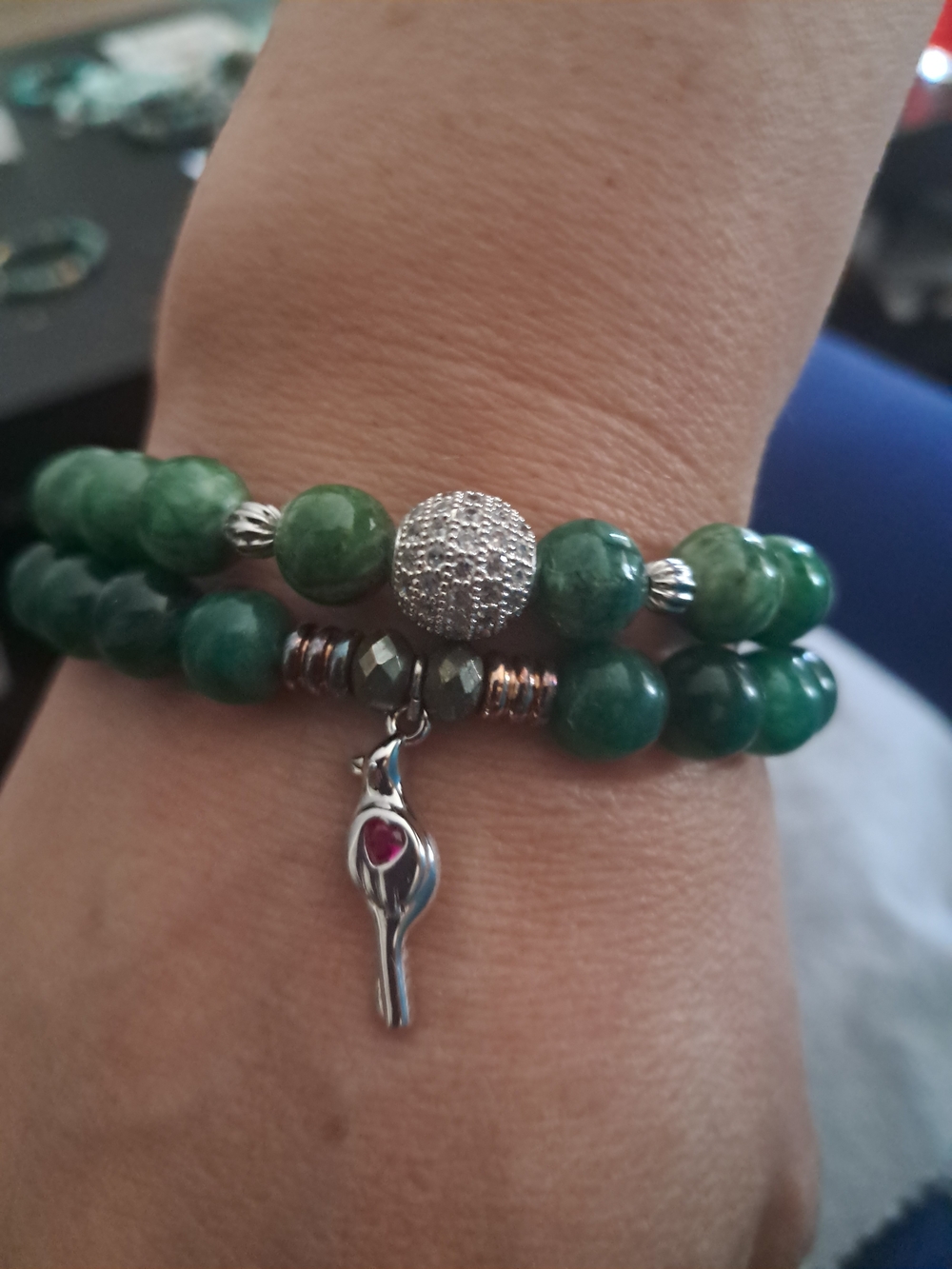 Authentic T. Jazelle Emerald J Green Beaded Double-Row Bracelet w/ Silver Charm